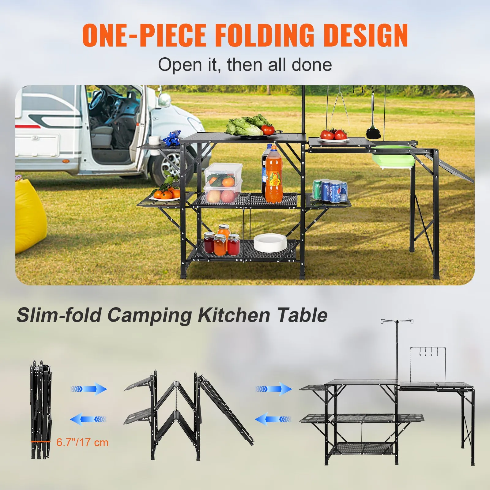 VEVOR Camping Kitchen Table - Folding Portable Cook Station for Outdoor Picnics, BBQs, Camping
