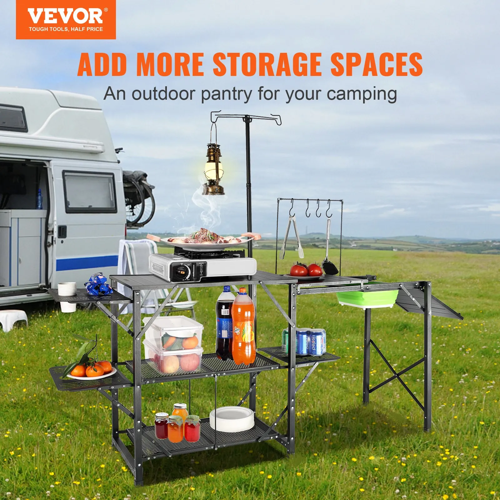 VEVOR Camping Kitchen Table - Folding Portable Cook Station for Outdoor Picnics, BBQs, Camping