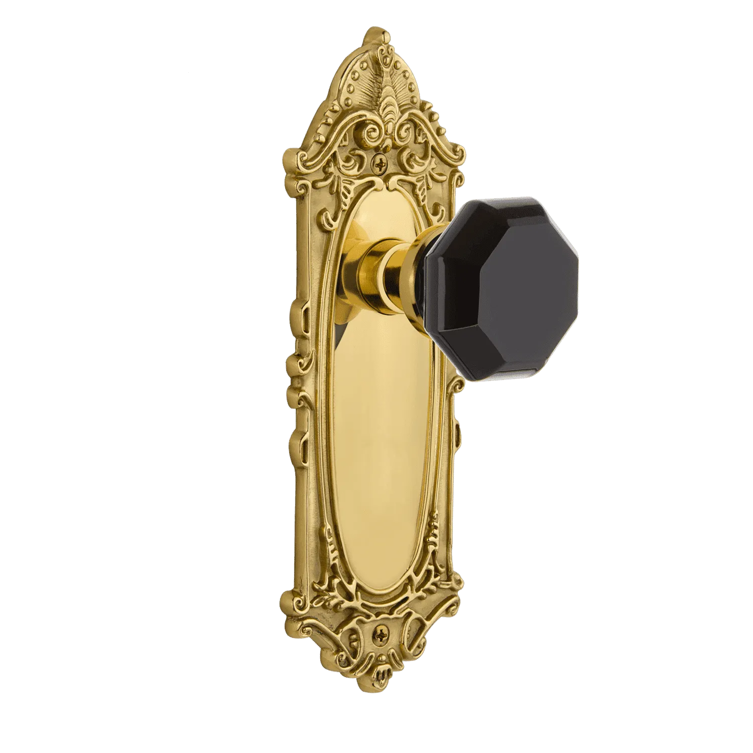 Victorian Long Plate with Black Waldorf Knob in Unlacquered Brass