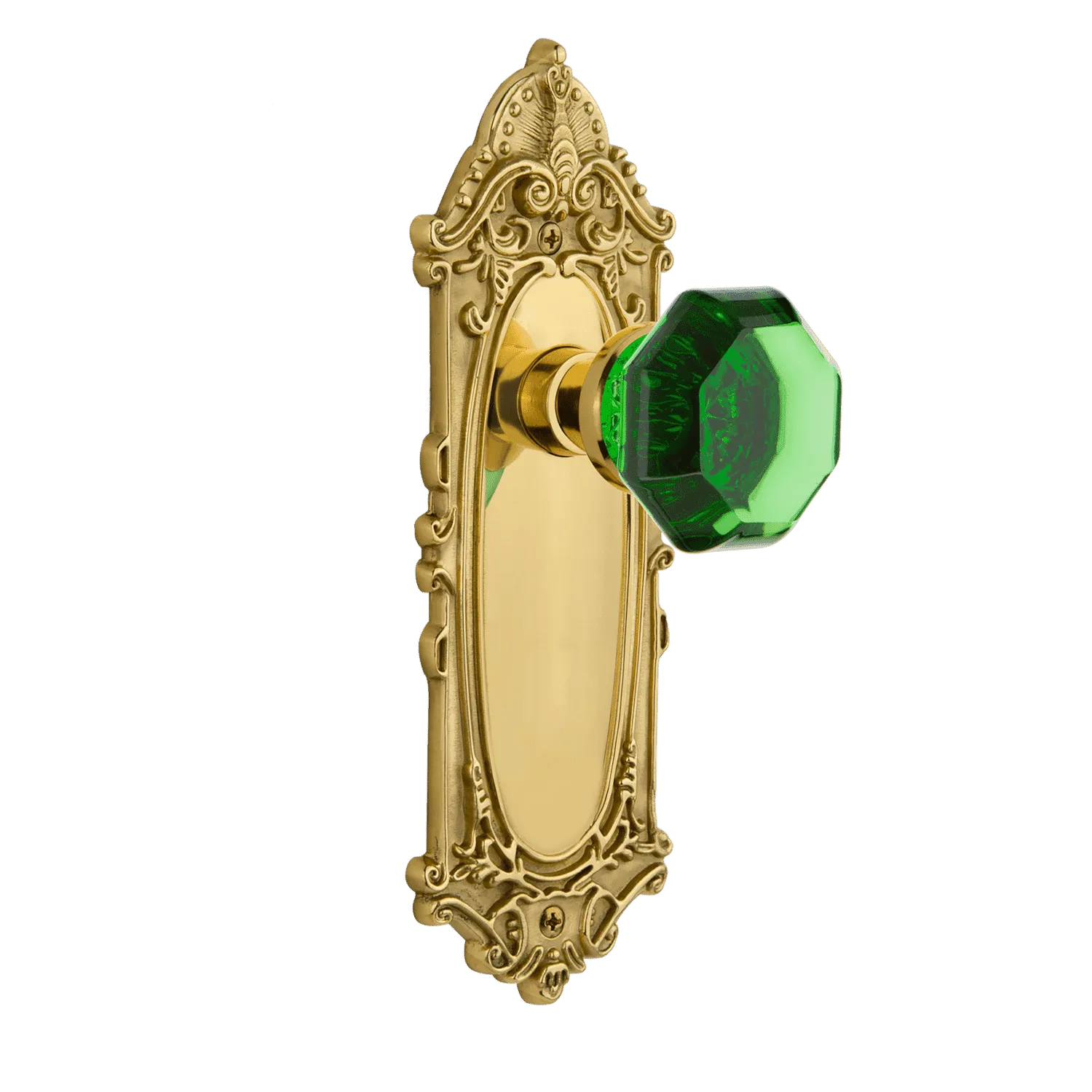 Victorian Long Plate with Emerald Waldorf Knob in Unlacquered Brass