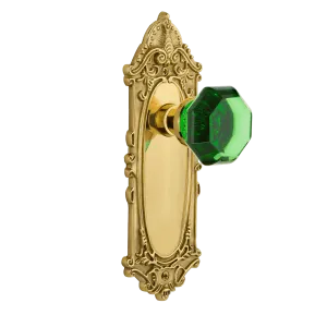 Victorian Long Plate with Emerald Waldorf Knob in Unlacquered Brass