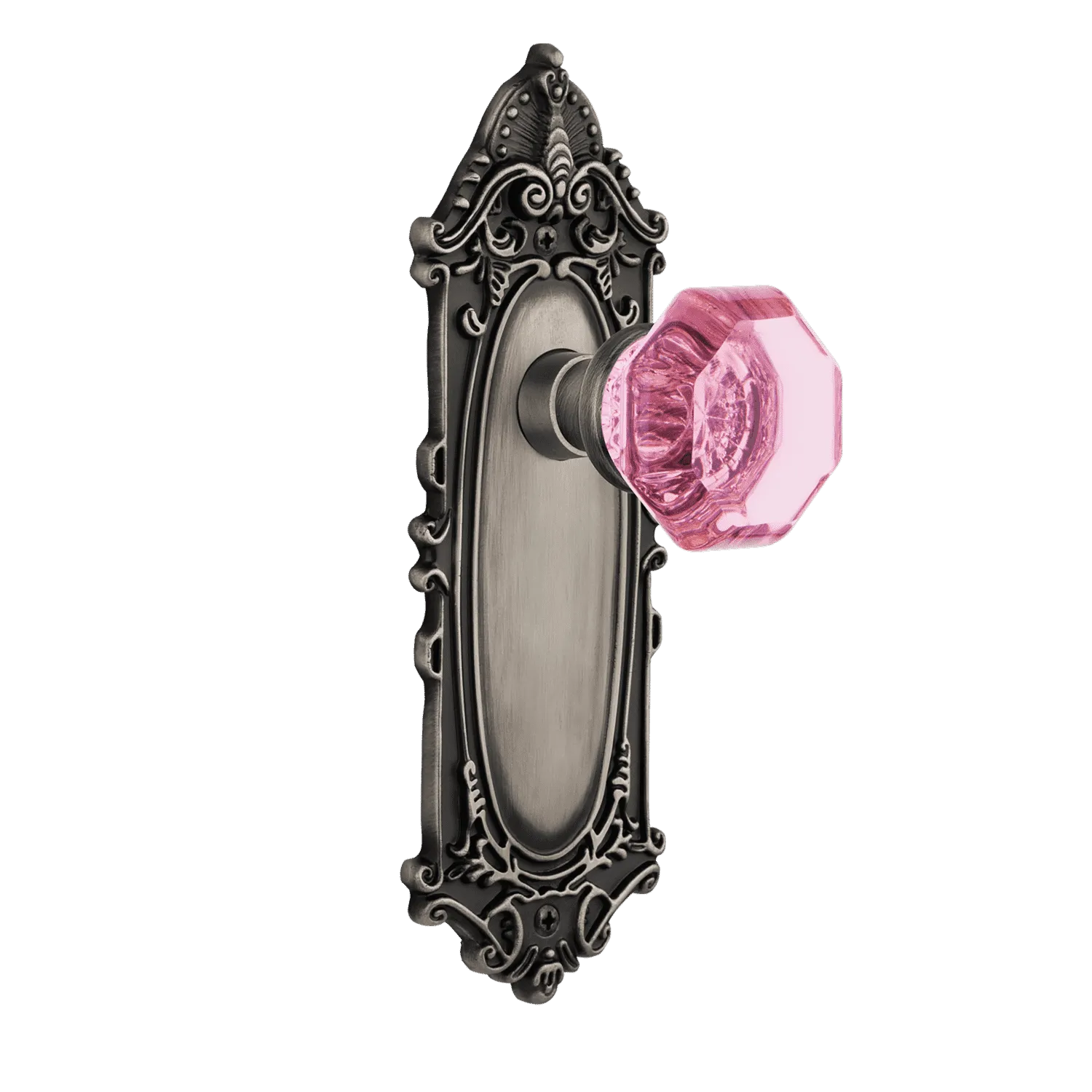 Victorian Long Plate with Pink Waldorf Knob in Antique Pewter