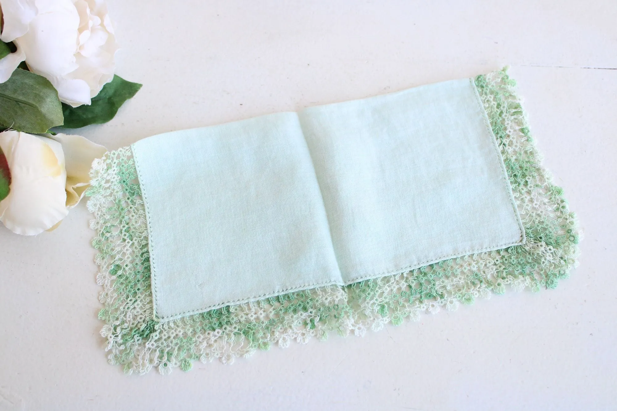 Vintage 1960s Handkerchief, Green Linen With  Crochet Trim Hankie