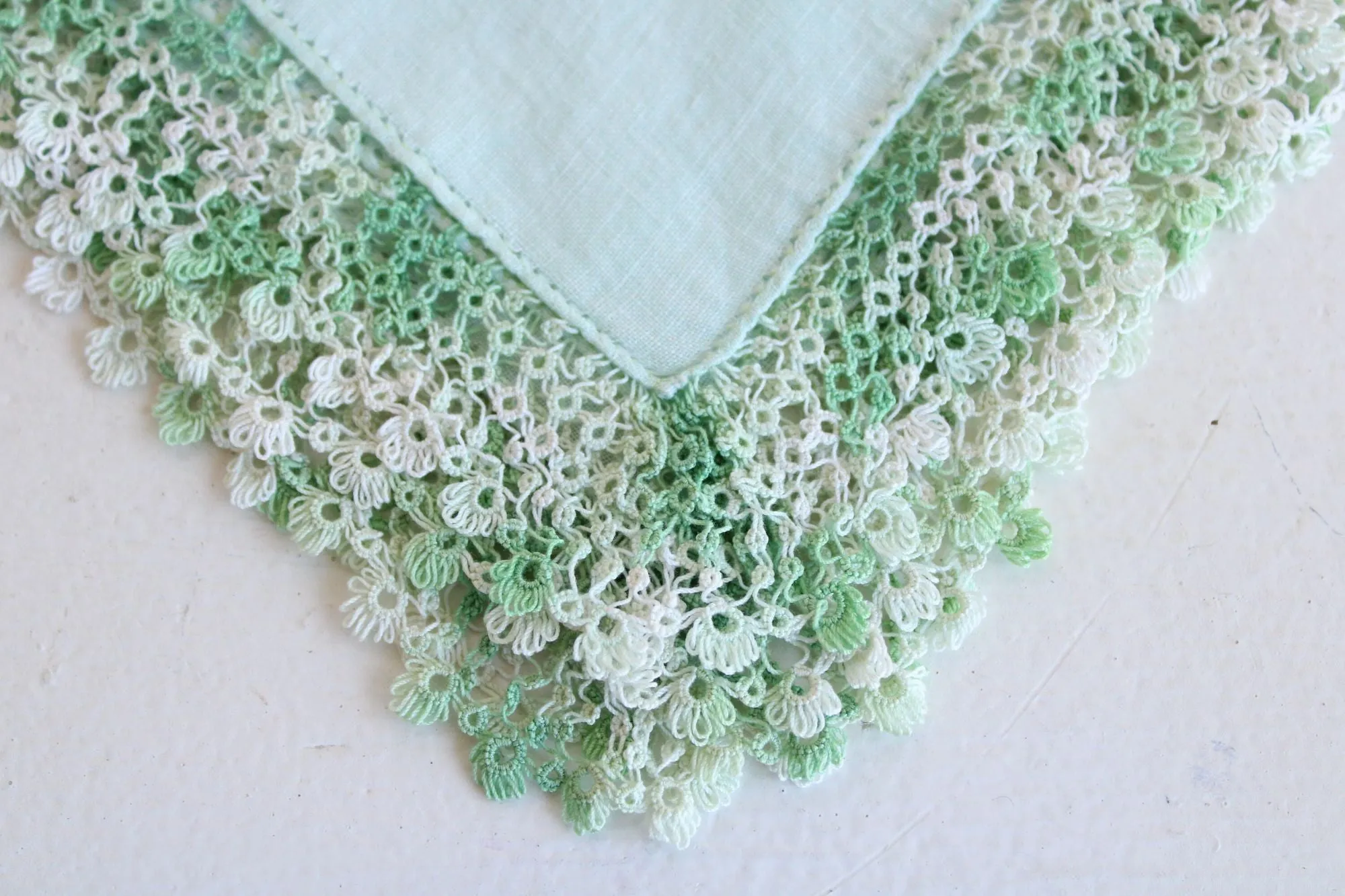 Vintage 1960s Handkerchief, Green Linen With  Crochet Trim Hankie