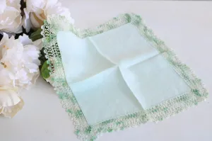 Vintage 1960s Handkerchief, Green Linen With  Crochet Trim Hankie