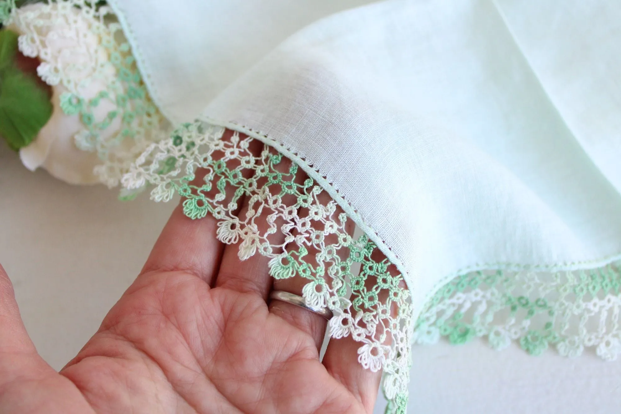 Vintage 1960s Handkerchief, Green Linen With  Crochet Trim Hankie