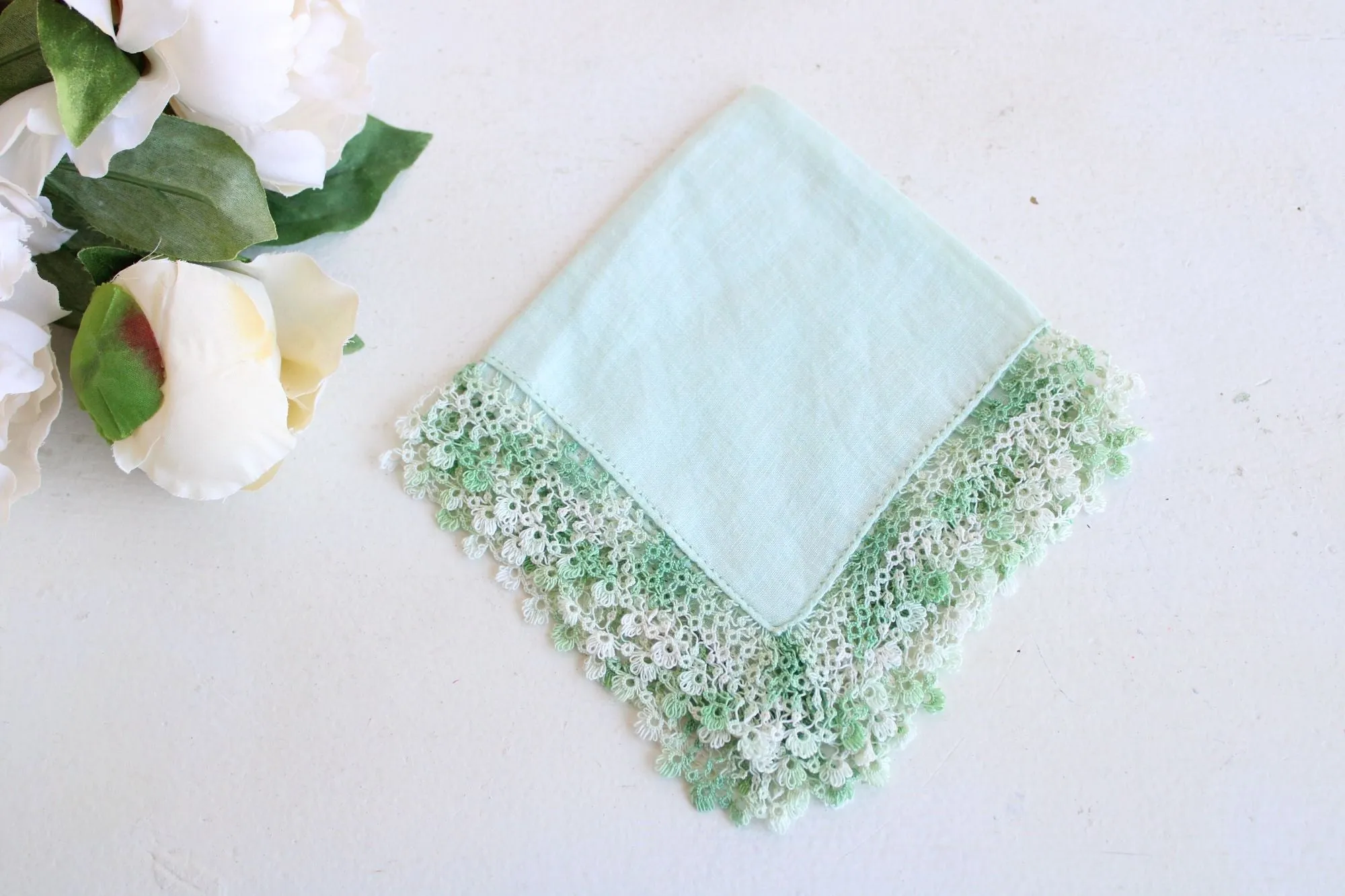 Vintage 1960s Handkerchief, Green Linen With  Crochet Trim Hankie