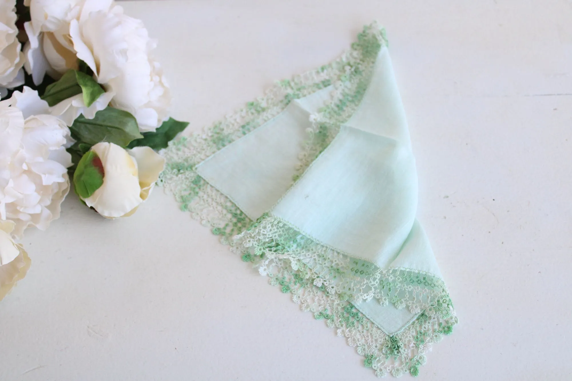 Vintage 1960s Handkerchief, Green Linen With  Crochet Trim Hankie