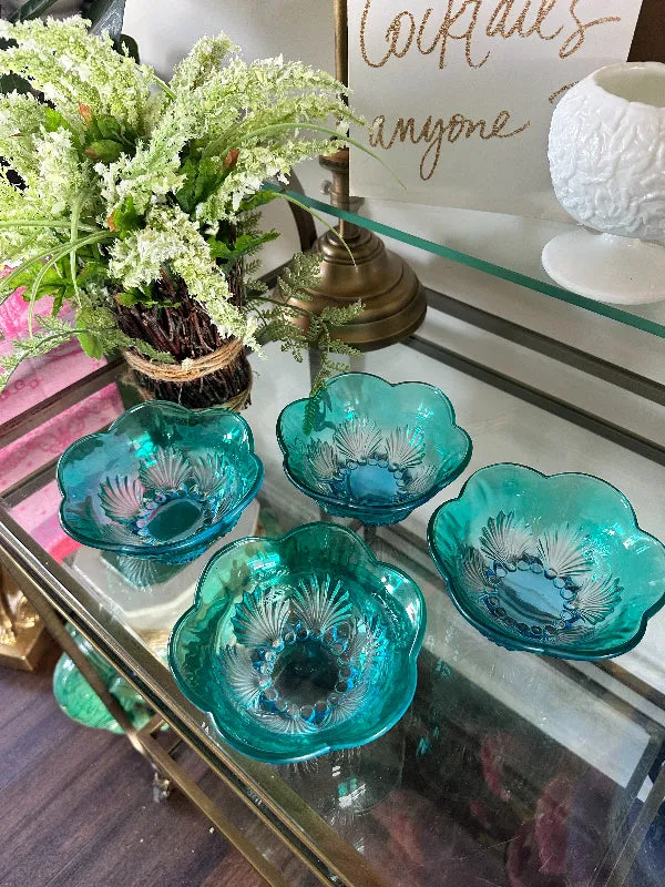 Vintage Blue/Green Glass Bowls, Shell Design, Scalloped Edge