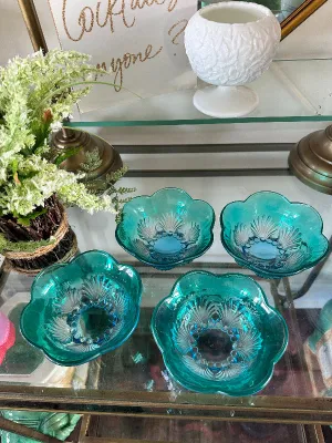 Vintage Blue/Green Glass Bowls, Shell Design, Scalloped Edge