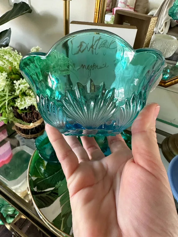 Vintage Blue/Green Glass Bowls, Shell Design, Scalloped Edge