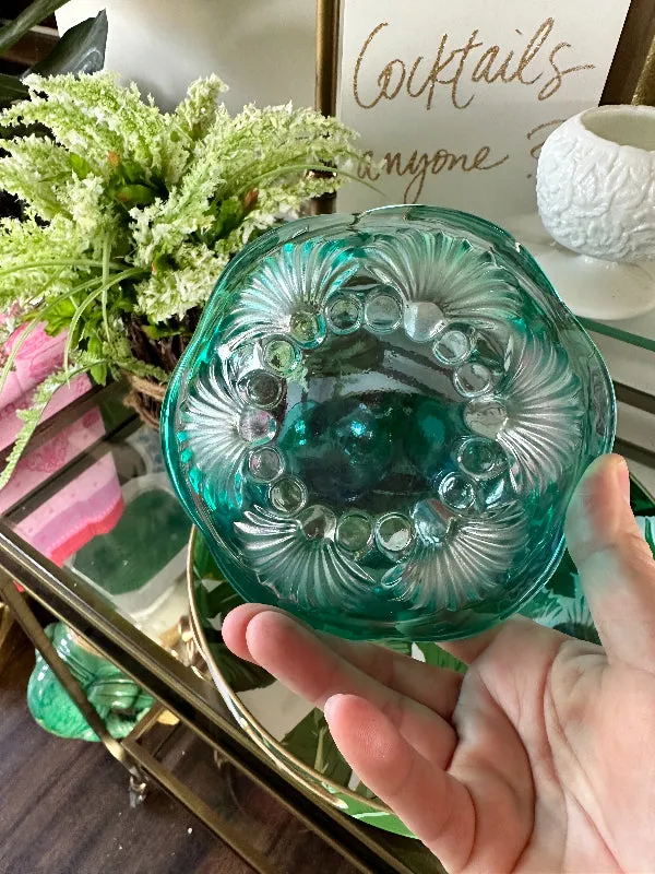 Vintage Blue/Green Glass Bowls, Shell Design, Scalloped Edge