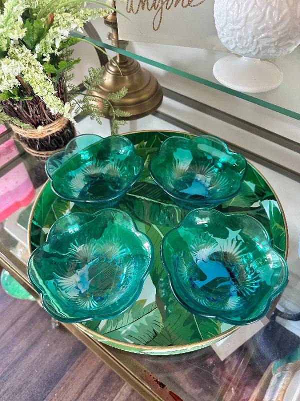 Vintage Blue/Green Glass Bowls, Shell Design, Scalloped Edge