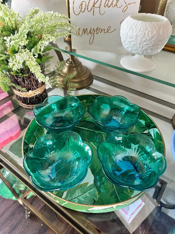 Vintage Blue/Green Glass Bowls, Shell Design, Scalloped Edge