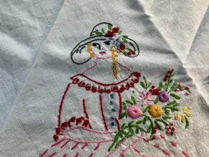 Vintage Embroidered Colonial Lady Table Topper