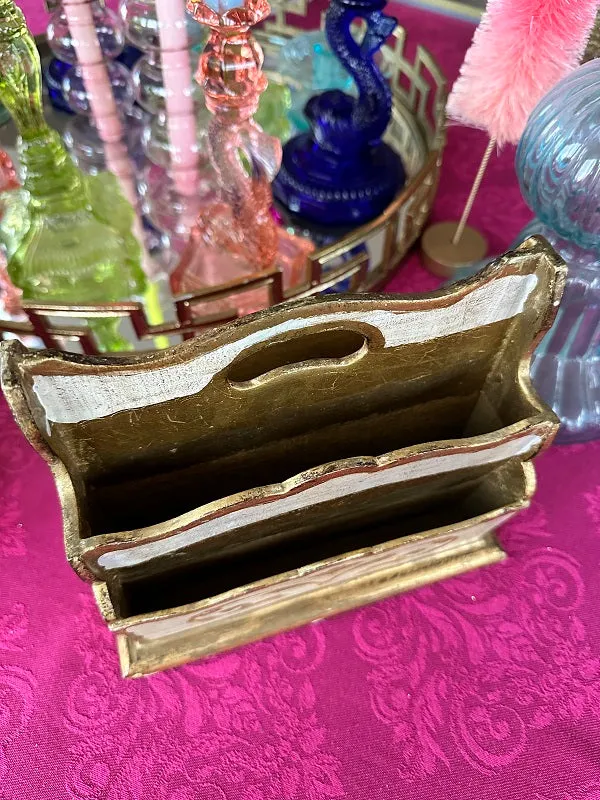 Vintage Florentine Letter Box, Italian,  Gold and White, Single Scroll, 4 Slots