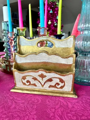Vintage Florentine Letter Box, Italian,  Gold and White, Single Scroll, 4 Slots