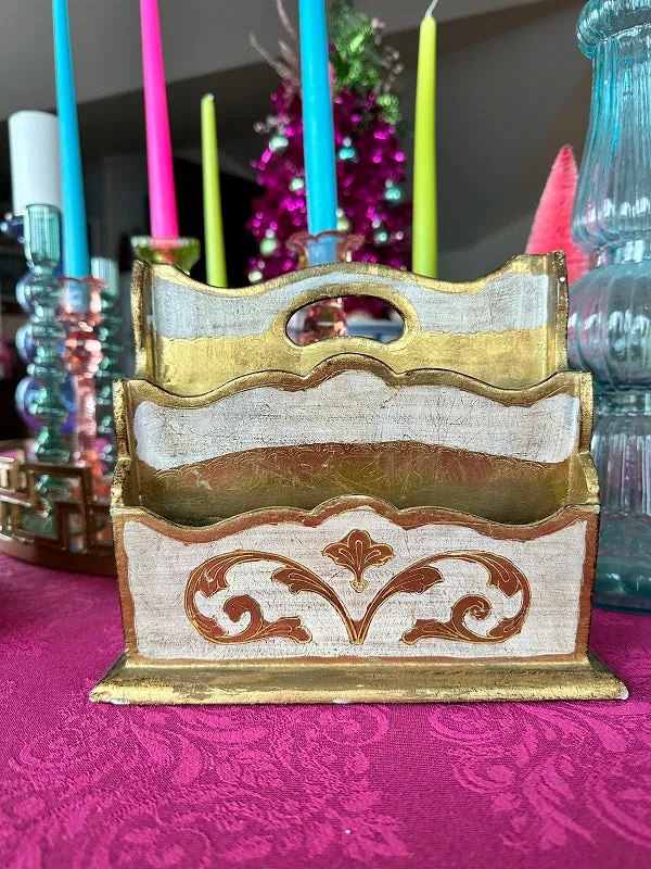 Vintage Florentine Letter Box, Italian,  Gold and White, Single Scroll, 4 Slots