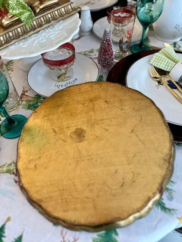 Vintage Florentine Tray, Italian, Green, Gold, White, Round