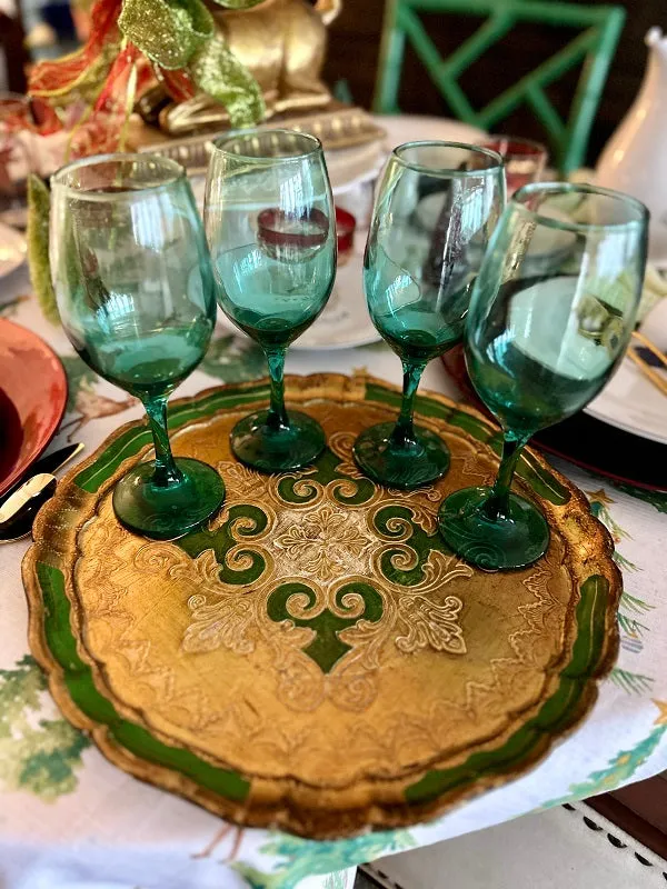 Vintage Florentine Tray, Italian, Green, Gold, White, Round
