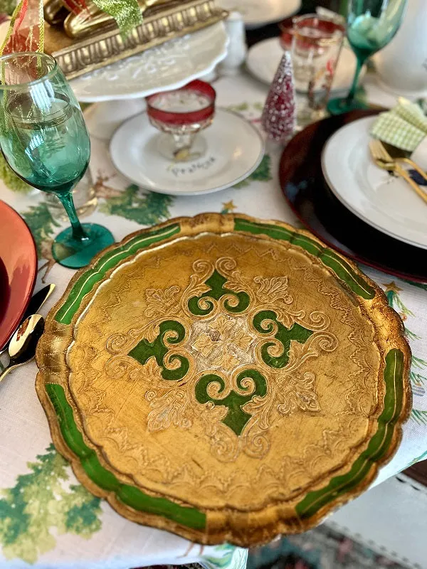 Vintage Florentine Tray, Italian, Green, Gold, White, Round