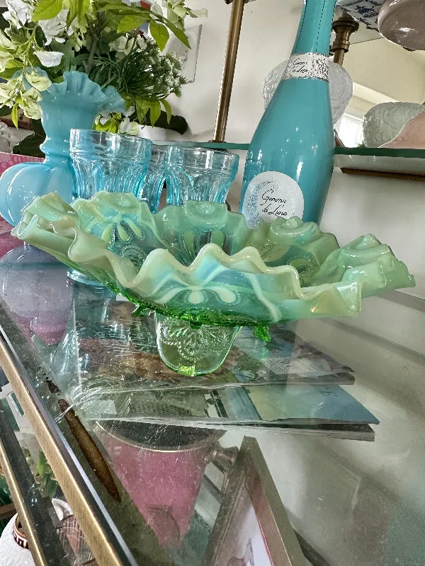 Vintage Footed Bowl Jefferson Glass Green Opalescent Meander Circa 1905