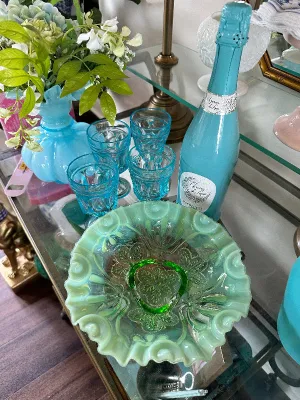 Vintage Footed Bowl Jefferson Glass Green Opalescent Meander Circa 1905