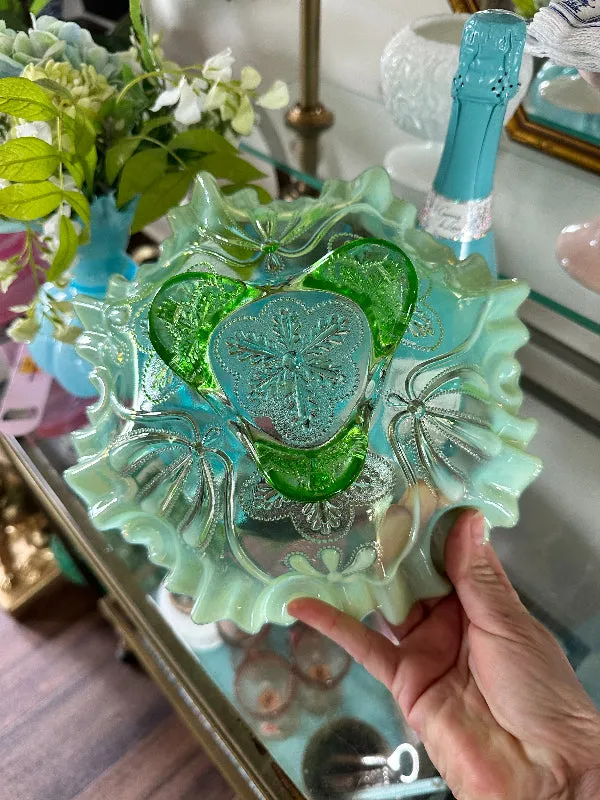 Vintage Footed Bowl Jefferson Glass Green Opalescent Meander Circa 1905