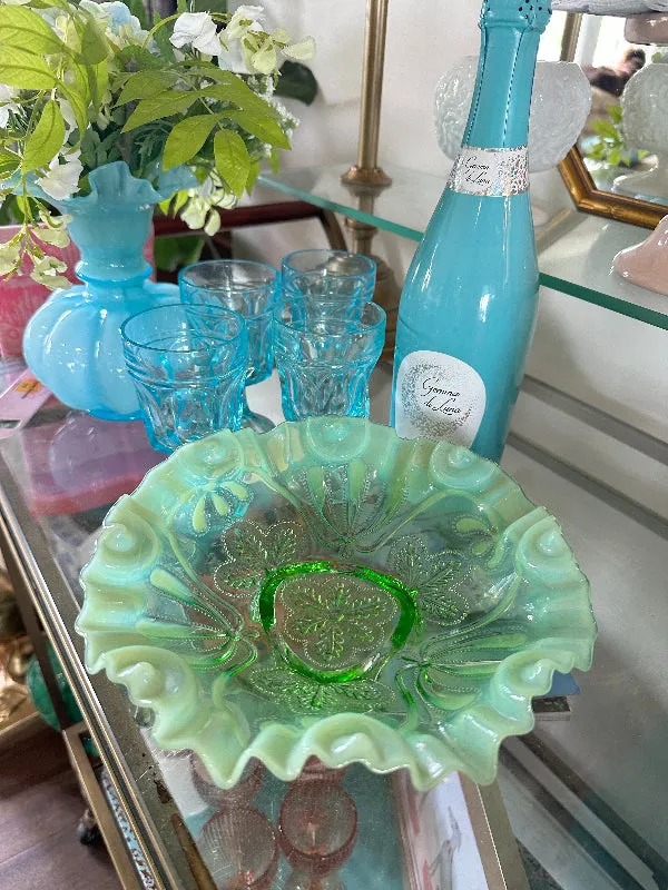 Vintage Footed Bowl Jefferson Glass Green Opalescent Meander Circa 1905