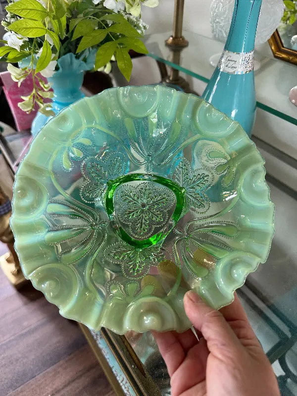 Vintage Footed Bowl Jefferson Glass Green Opalescent Meander Circa 1905