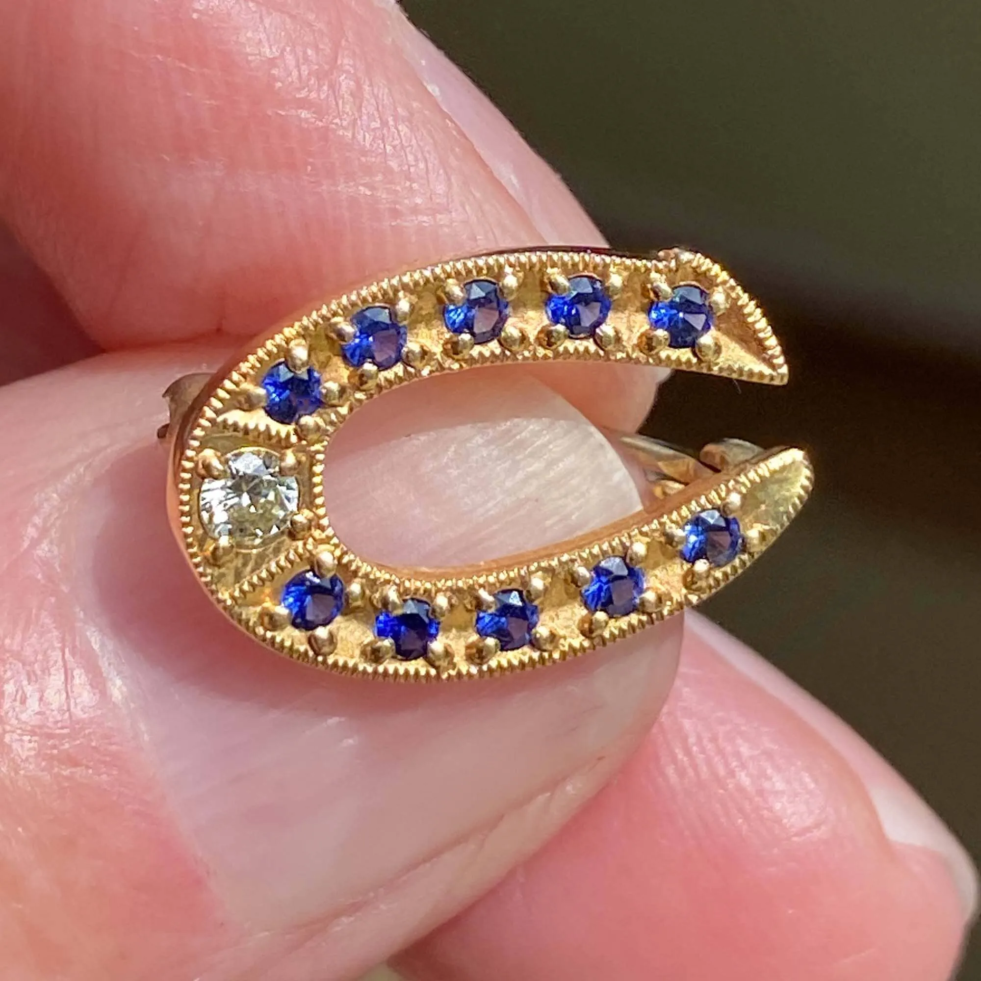 Vintage Gold Sapphire Diamond Horseshoe Brooch