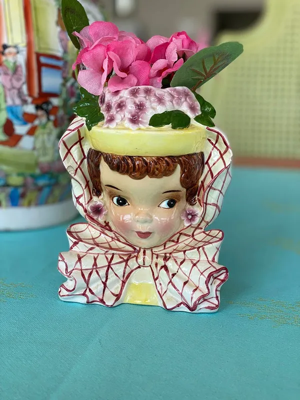 Vintage Lady Head Planter Mid Century Modern Bonnet and Bow (a couple of tiny chips)