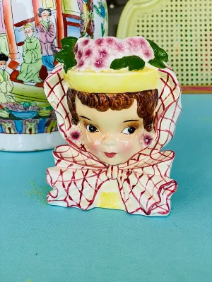 Vintage Lady Head Planter Mid Century Modern Bonnet and Bow (a couple of tiny chips)