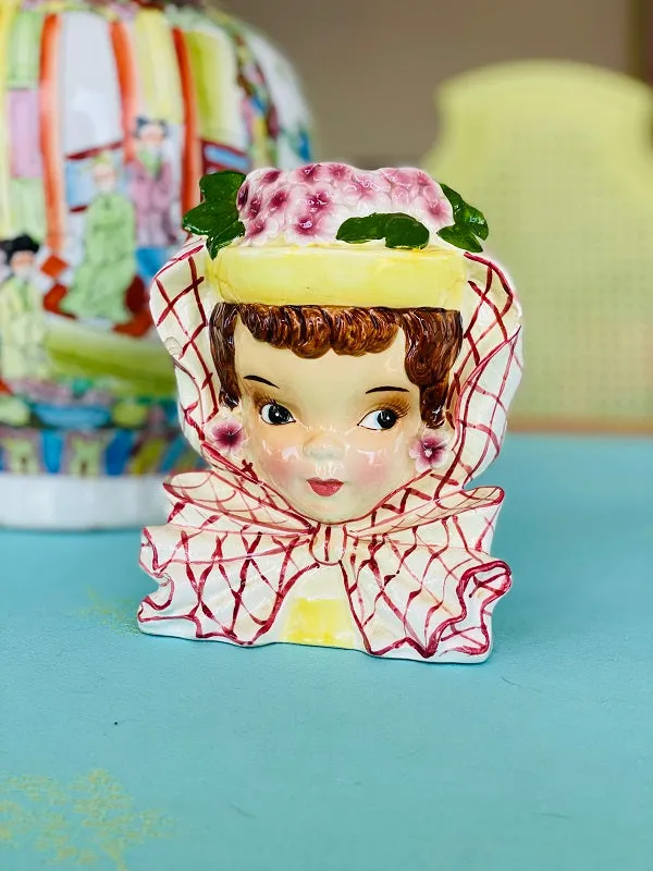 Vintage Lady Head Planter Mid Century Modern Bonnet and Bow (a couple of tiny chips)