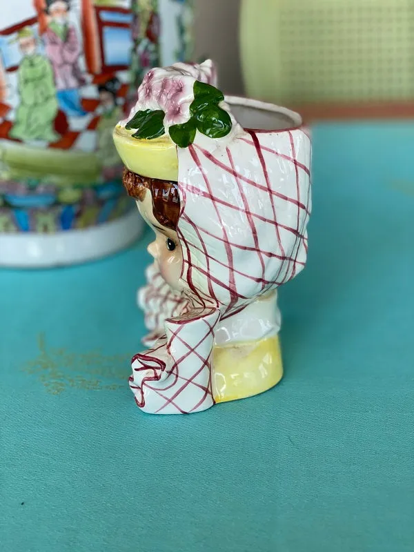 Vintage Lady Head Planter Mid Century Modern Bonnet and Bow (a couple of tiny chips)