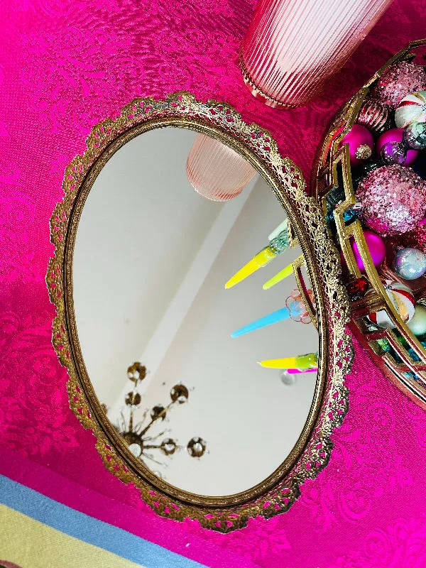 Vintage Mirrored Tray,  Oval Vanity Dresser Mirror