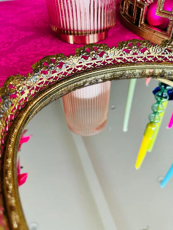 Vintage Mirrored Tray,  Oval Vanity Dresser Mirror