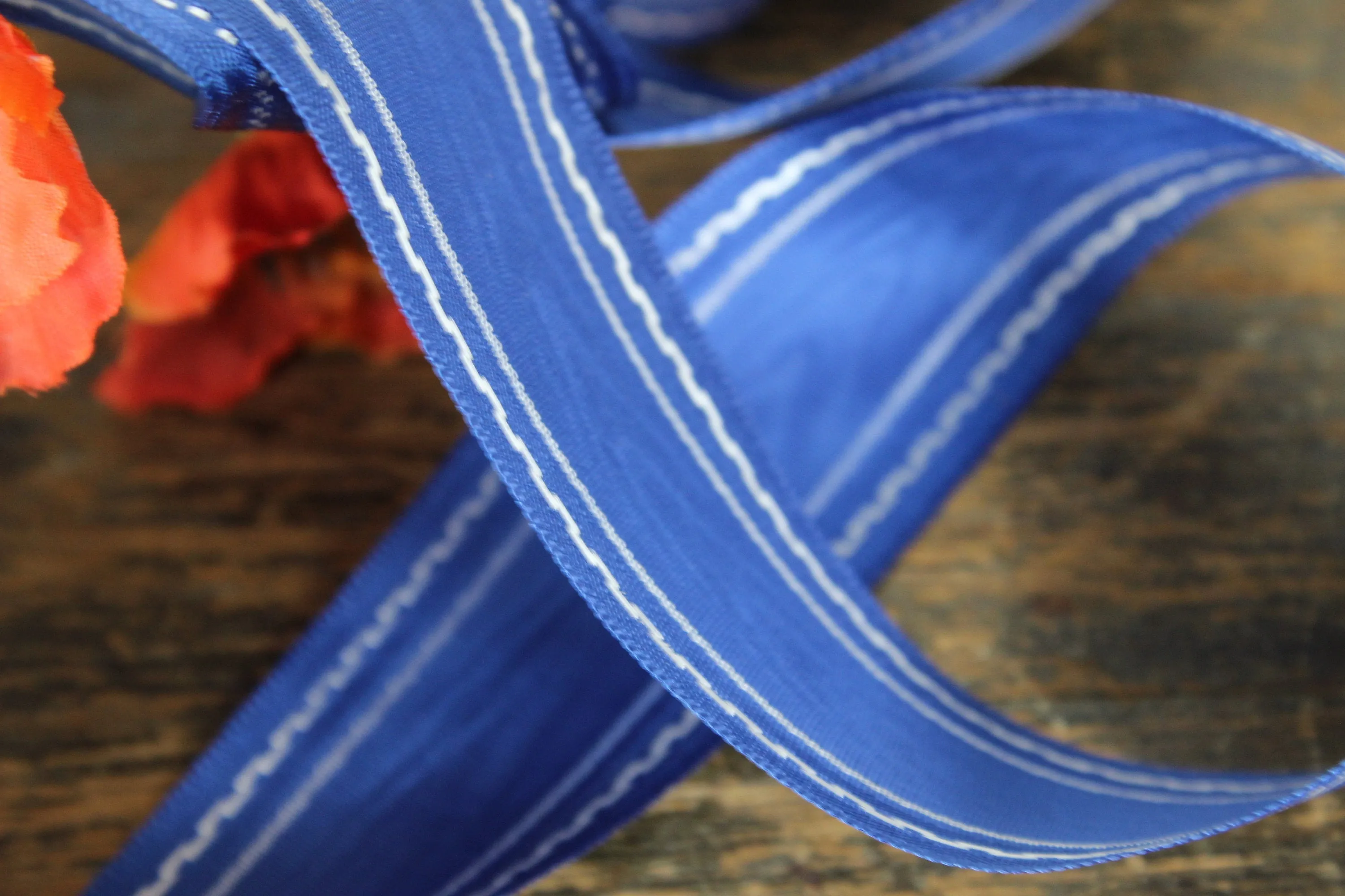 Vintage Ribbon Trim / Blue Moire Taffeta