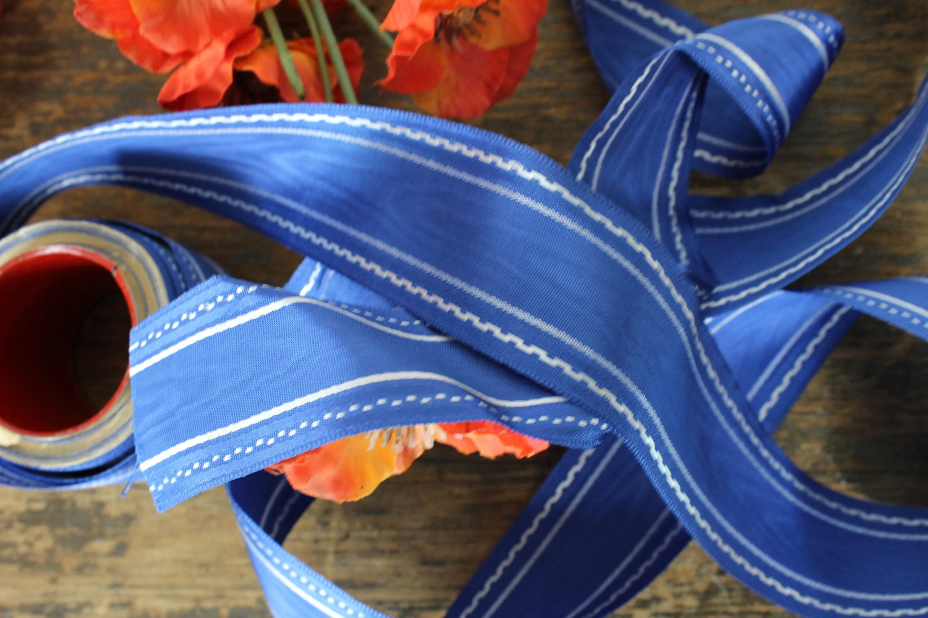 Vintage Ribbon Trim / Blue Moire Taffeta