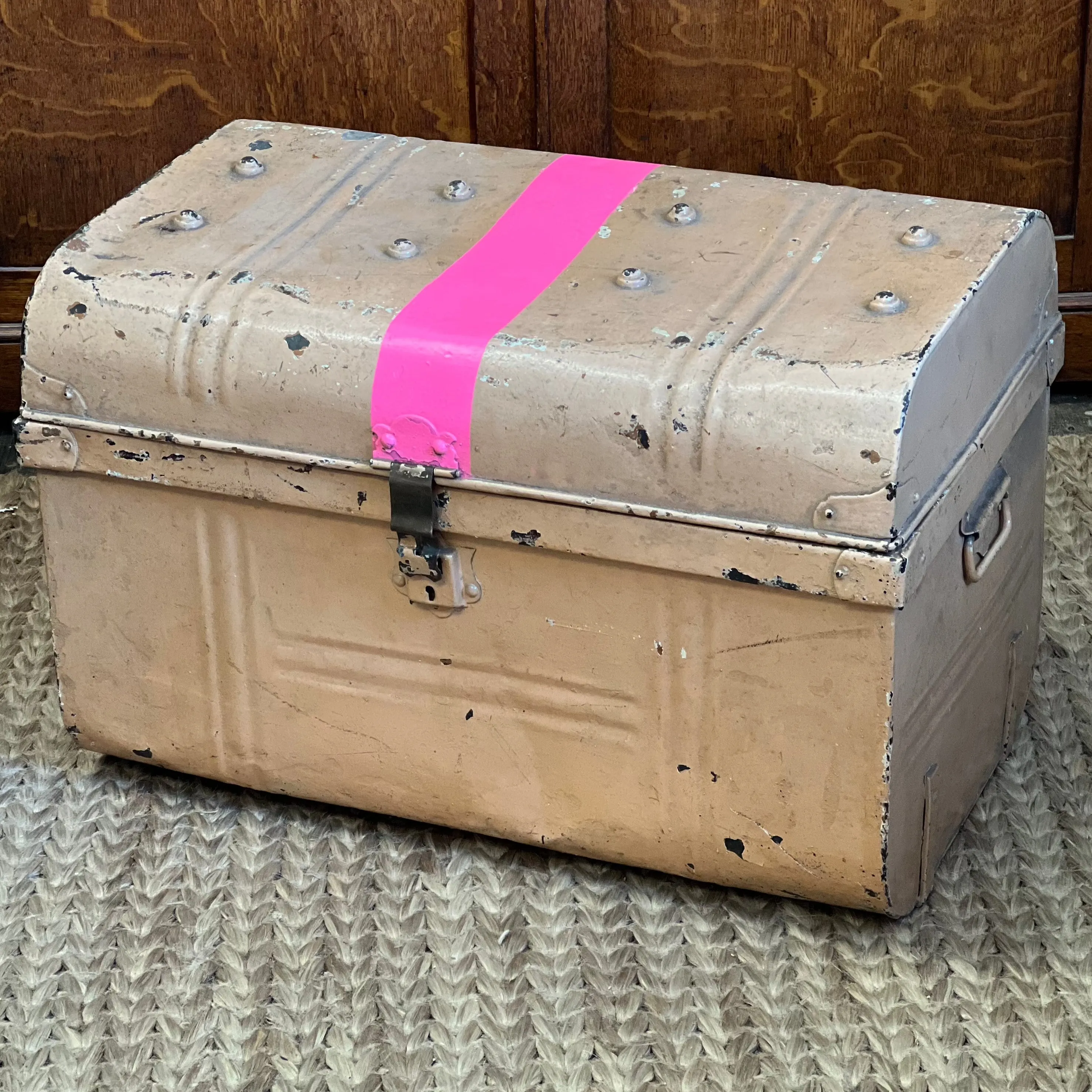 Vintage Tin Trunk With Neon Stripe