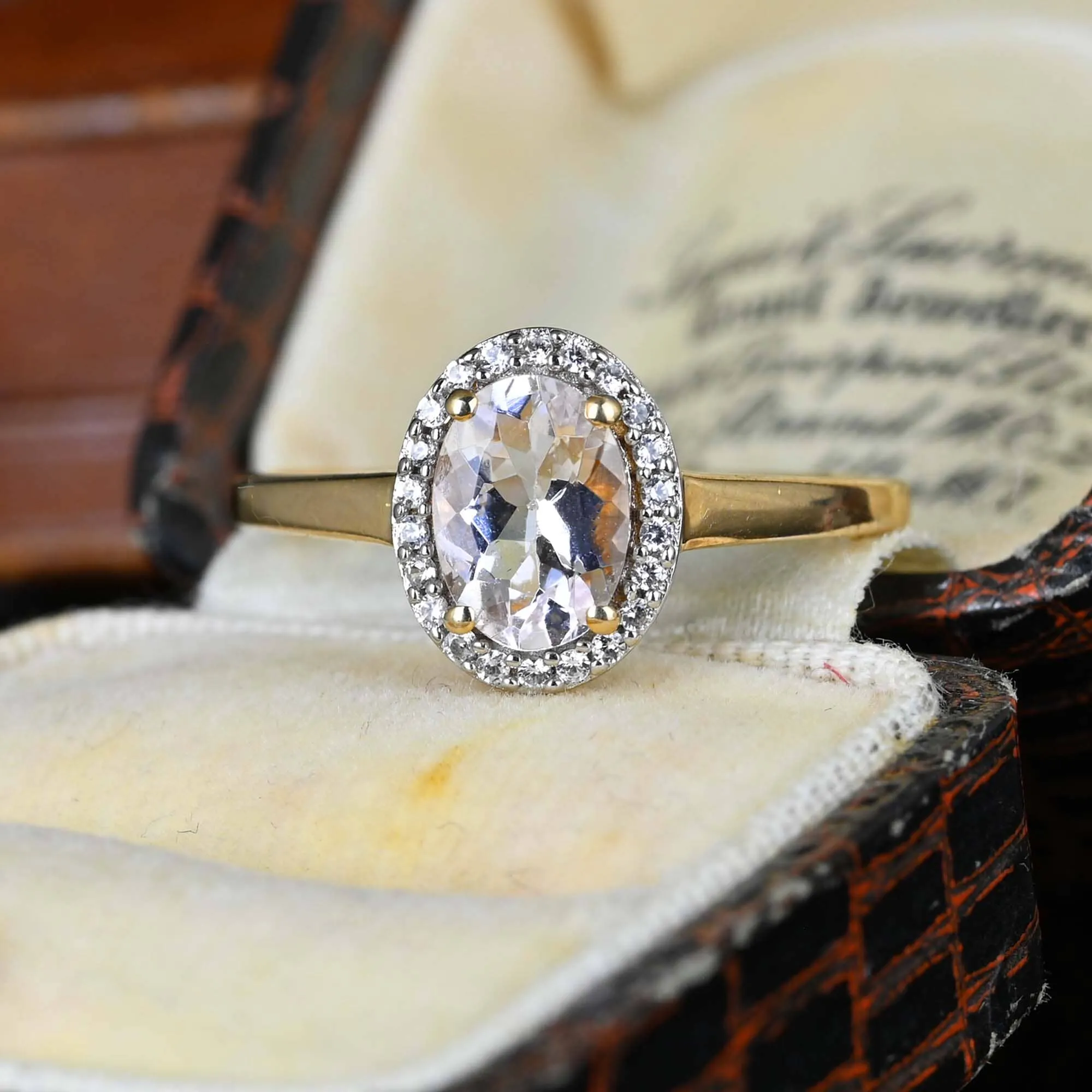 Vintage Topaz Halo Solitaire Morganite Ring in Gold