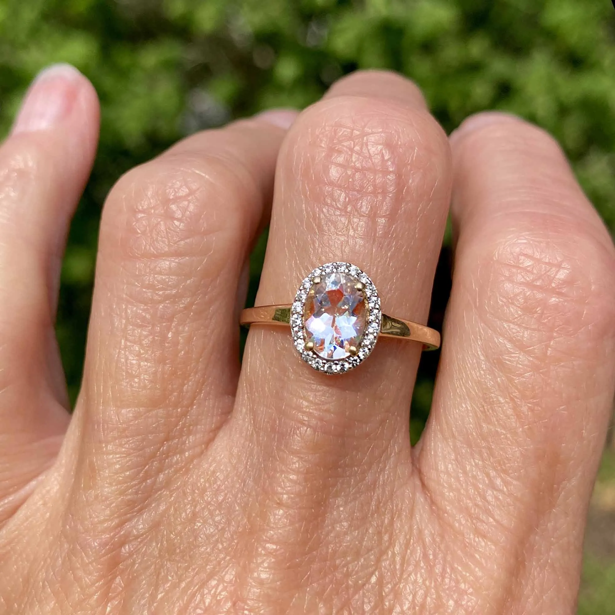 Vintage Topaz Halo Solitaire Morganite Ring in Gold