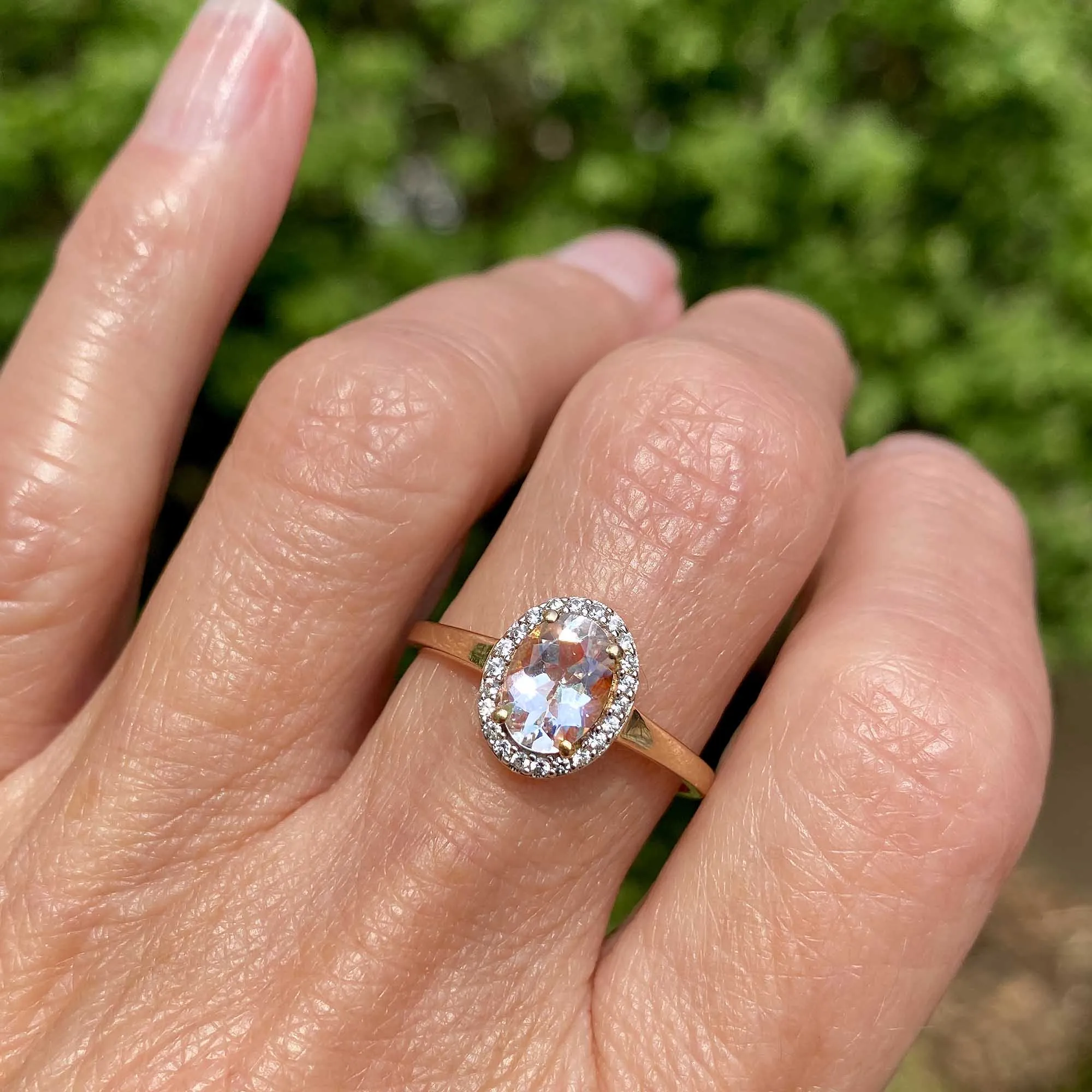 Vintage Topaz Halo Solitaire Morganite Ring in Gold