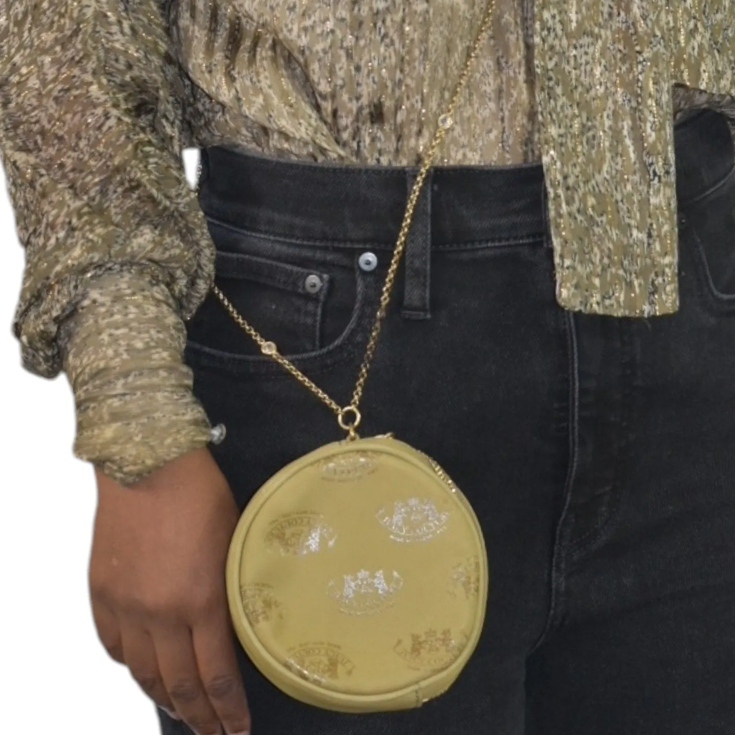 Vintage Y2K Juicy Couture Signature Bag Tan Circle Mini Logo Chain Retro Crossbody Canteen Leather Bling Sparkle