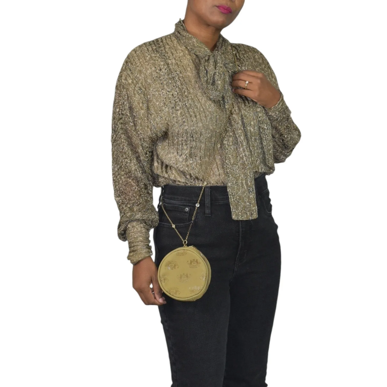 Vintage Y2K Juicy Couture Signature Bag Tan Circle Mini Logo Chain Retro Crossbody Canteen Leather Bling Sparkle