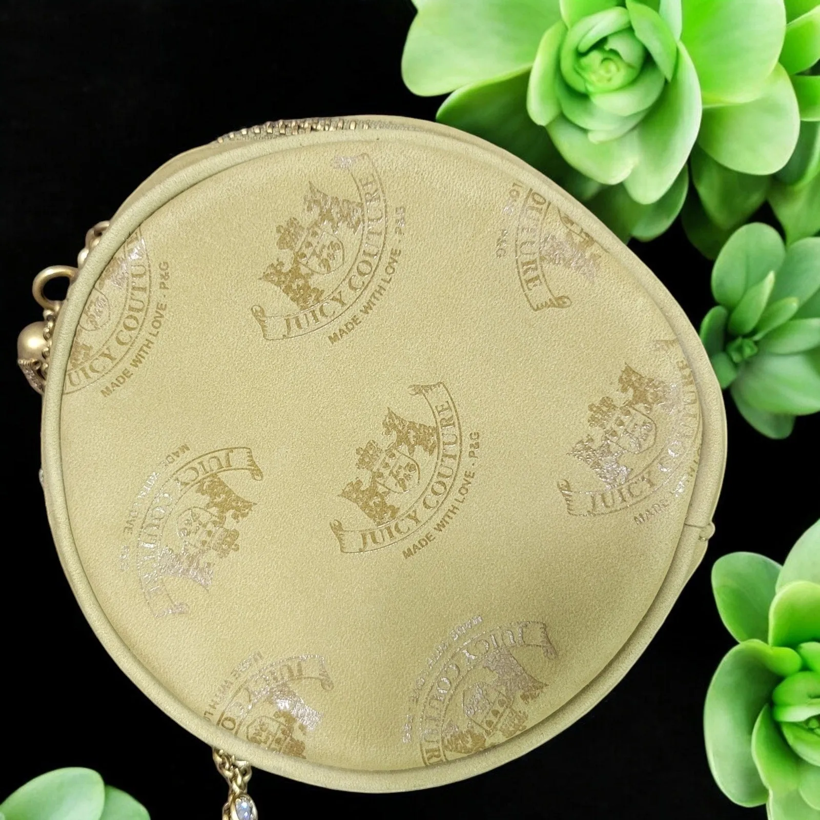 Vintage Y2K Juicy Couture Signature Bag Tan Circle Mini Logo Chain Retro Crossbody Canteen Leather Bling Sparkle
