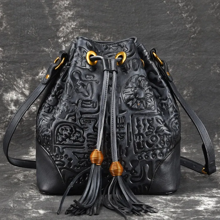 Womens Brown Leather Crossbody Bucket Bag Western Purse With Fringe for Women