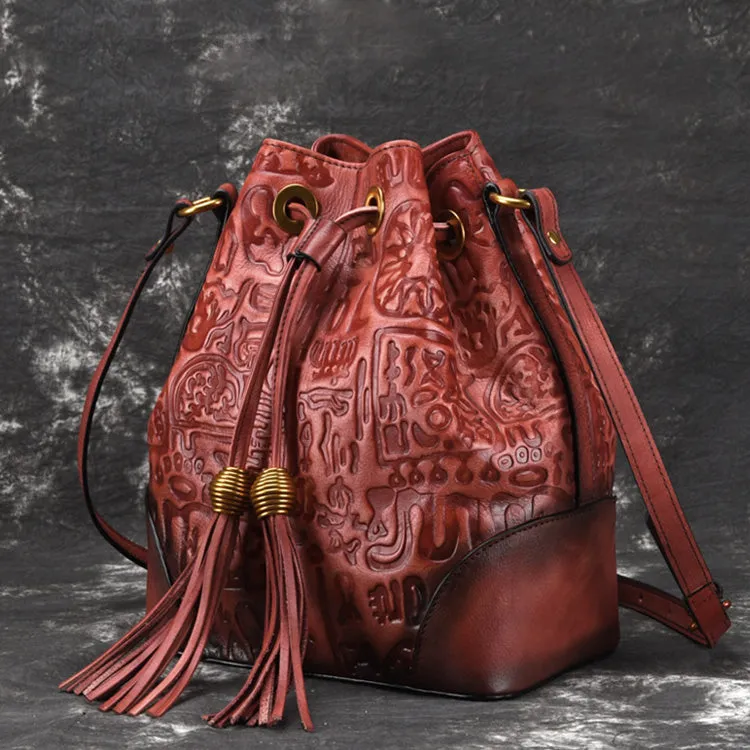 Womens Brown Leather Crossbody Bucket Bag Western Purse With Fringe for Women