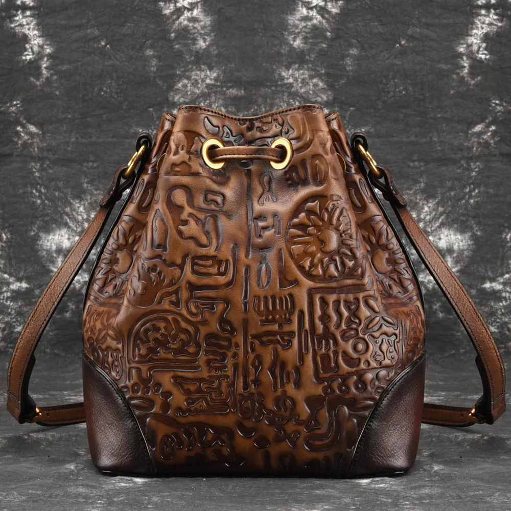 Womens Brown Leather Crossbody Bucket Bag Western Purse With Fringe for Women