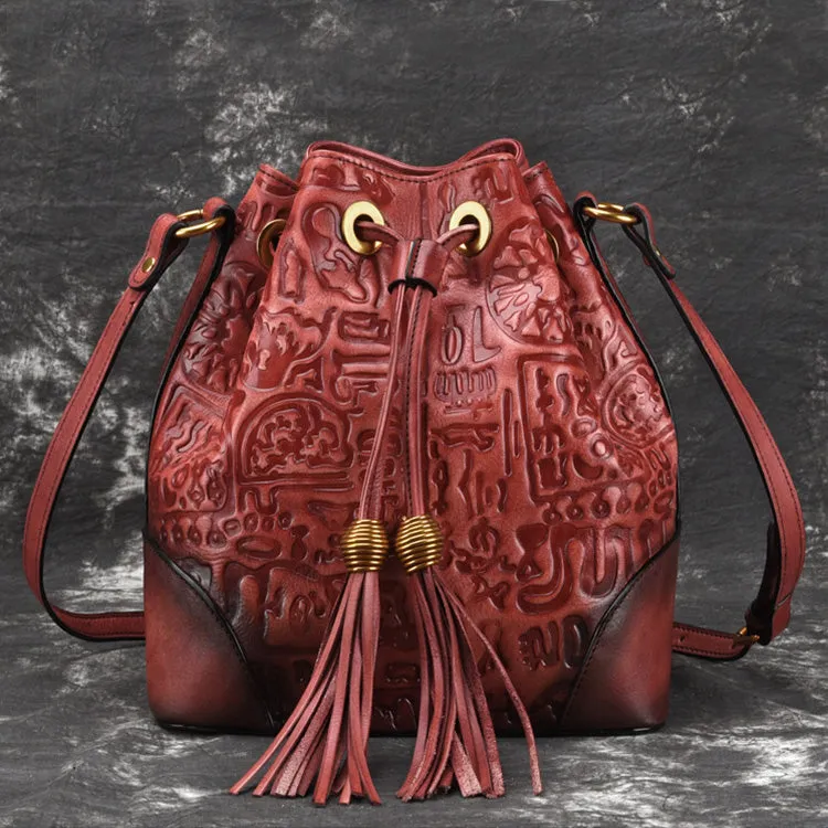 Womens Brown Leather Crossbody Bucket Bag Western Purse With Fringe for Women